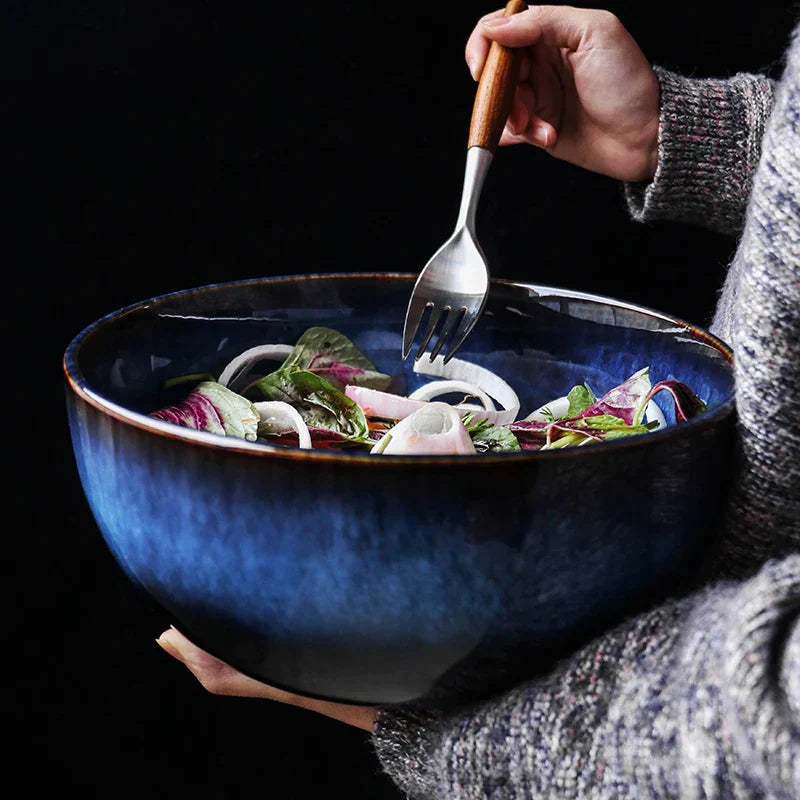 DecorBites™ Deep Blue Ceramic Porcelain Salad Bowl - 2L Capacity