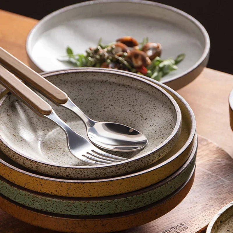 DecorBites™ Ceramic Round Plate Set - Retro Style High Footed Soup and Salad Bowls