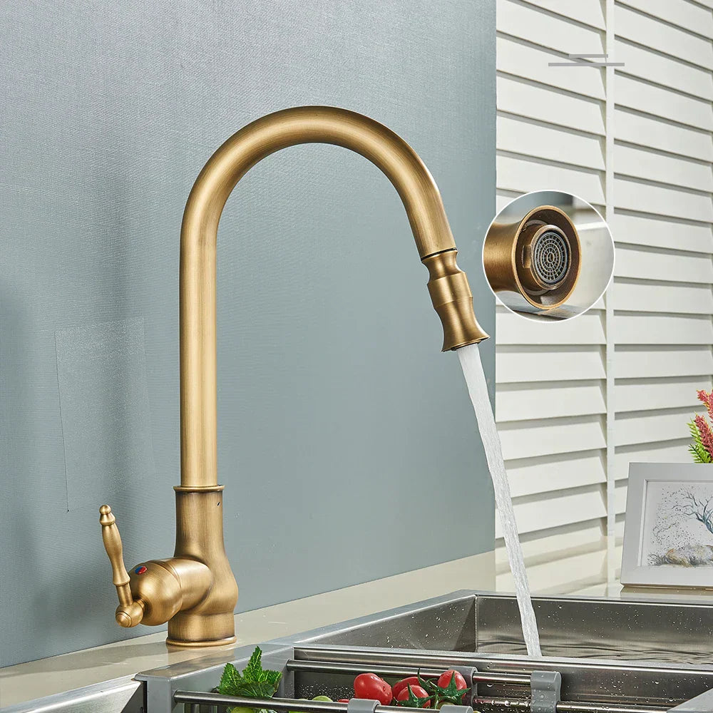 DecorBites™ Antique Brass Kitchen Faucet Pull Out Spout Black Swivel Mixer Tap