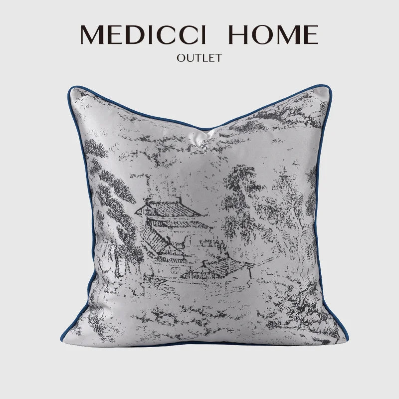 DecorBites™ Asian Landscape Painting Jacquard Square Pillow Cover 45x45cm