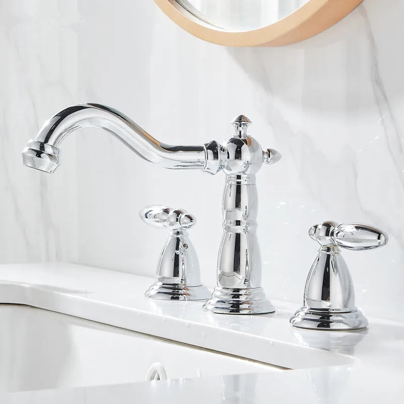 DecorBites™ Gold Brass Widespread Bathroom Faucet - Antique Sink Faucets 3 Hole