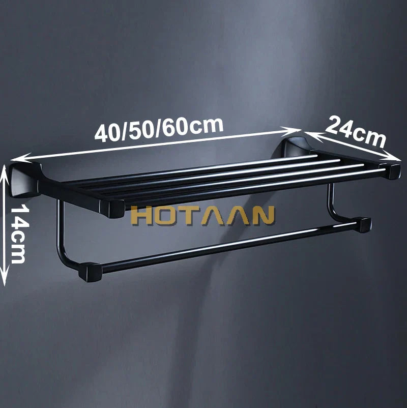 DecorBites™ Black Aluminum Towel Rack with Hook, Wall-mounted Bathroom Towel Holder and Shelf