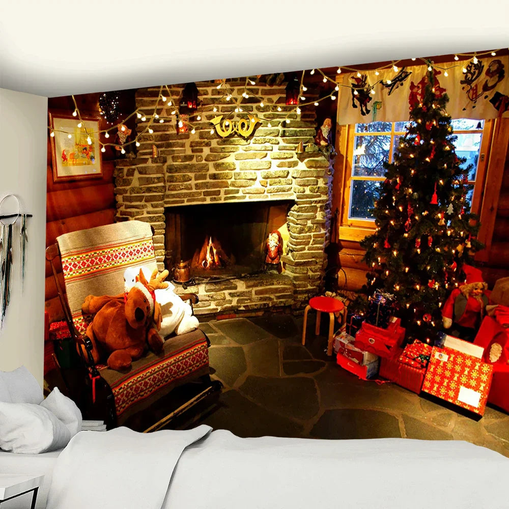 DecorBites™ Christmas Fireplace & Tree Tapestry Wall Hanging