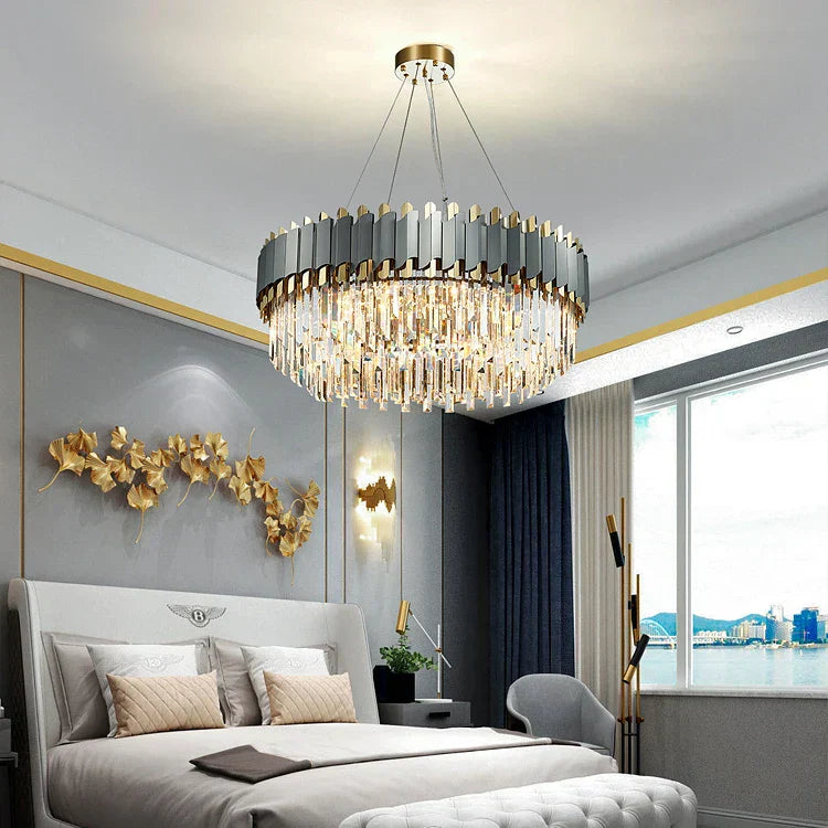 DecorBites™ Art Deco Golden Crystal Chandelier LED Hanging Lamp