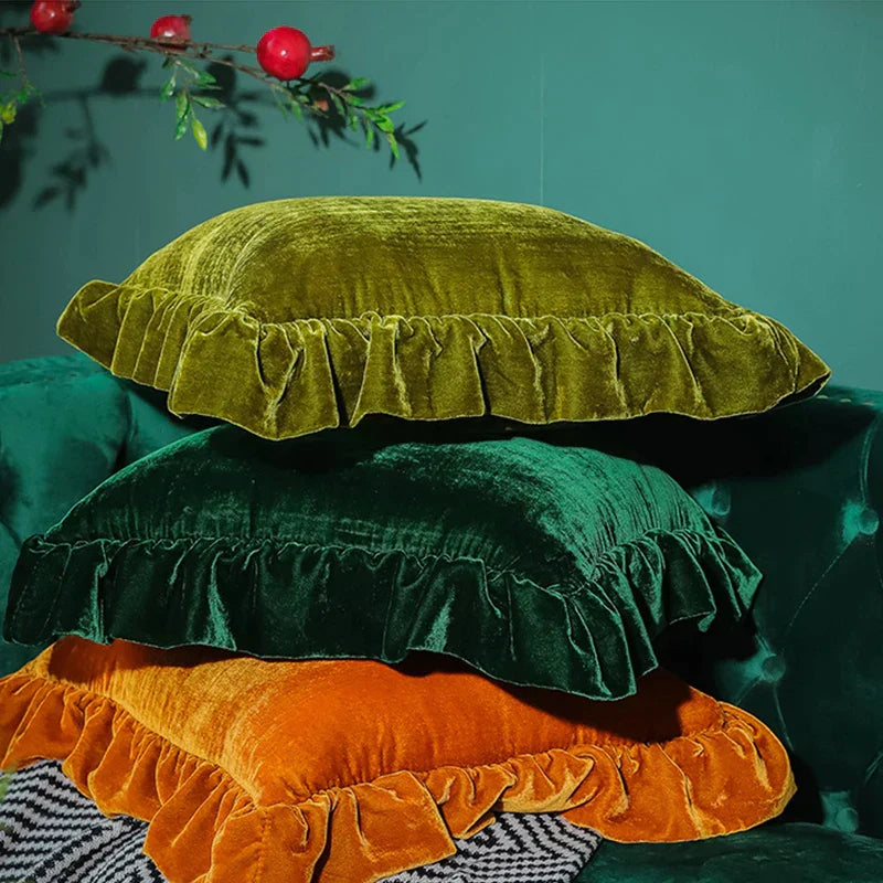 DecorBites™ Luxe Orange Velvet Ruffled Euro Pillow Sham - French Style Elegance