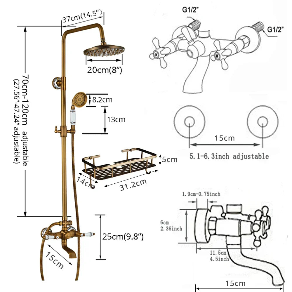 DecorBites™ Brass Antique Dual Handle Shower Faucet Set with Handshower Shelf