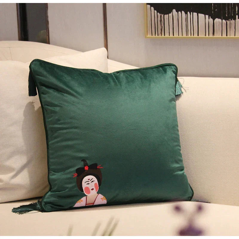 DecorBites™ Chinoiserie Tang Dynasty Lady Embroidered Cushion Cover for Sofa