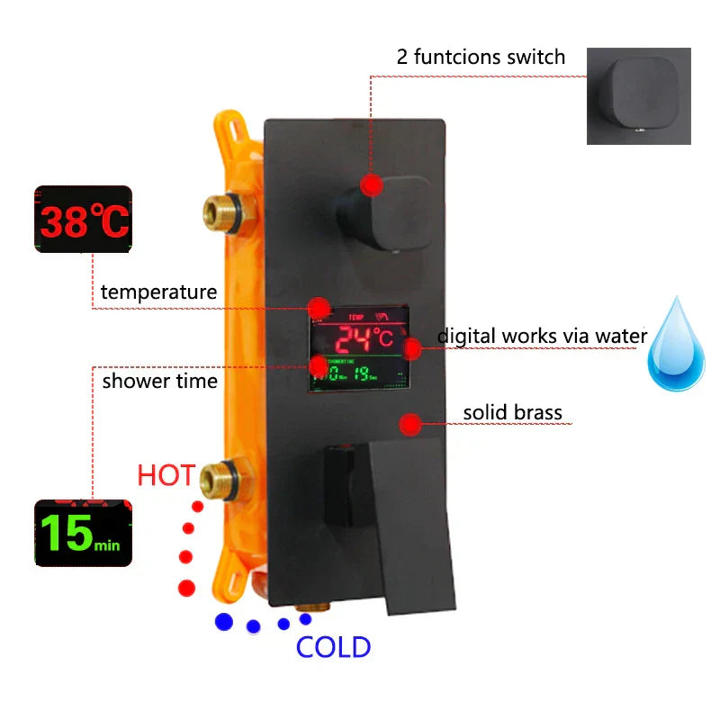 DecorBites™ Black Digital Shower Faucet, Matte Black Finish, Thermostatic Temperature Display