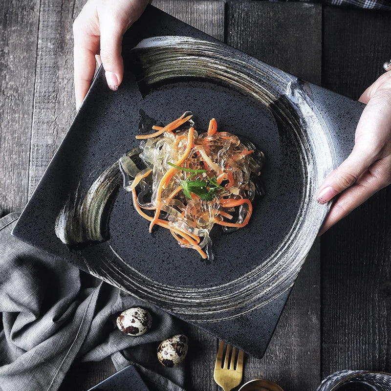 DecorBites™ Black Ceramic Sushi Plate and Rice Bowl Set