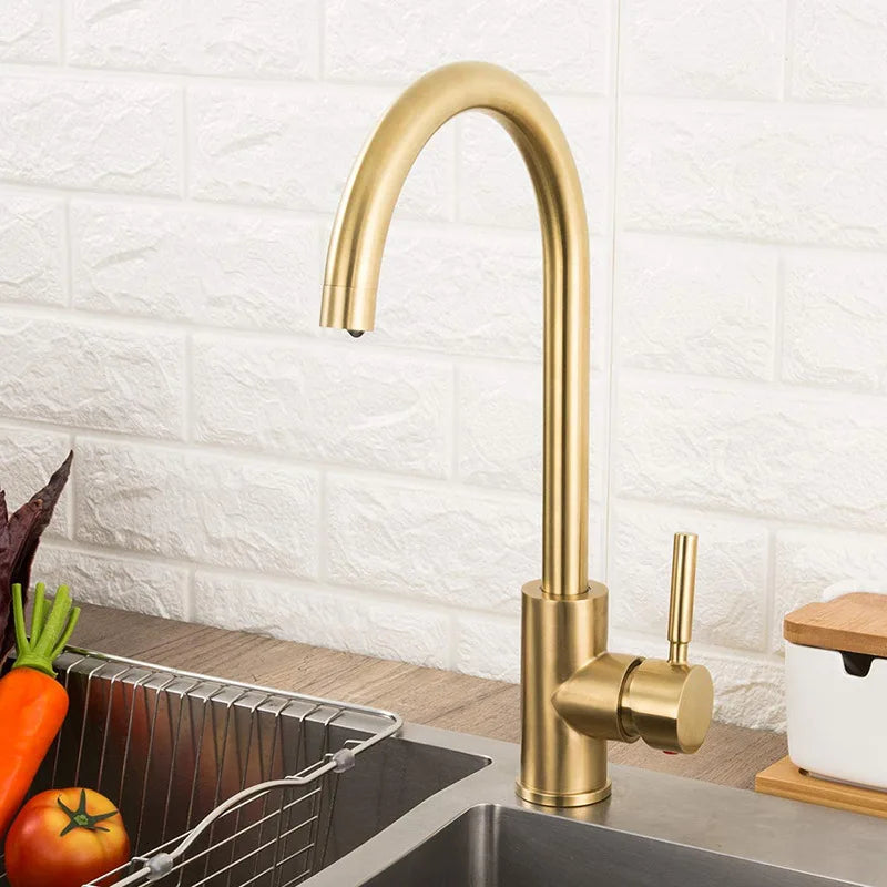 DecorBites™ Brushed Gold Stainless Steel Kitchen Faucet 360 Rotate Deck Mount Sink Mixer Taps