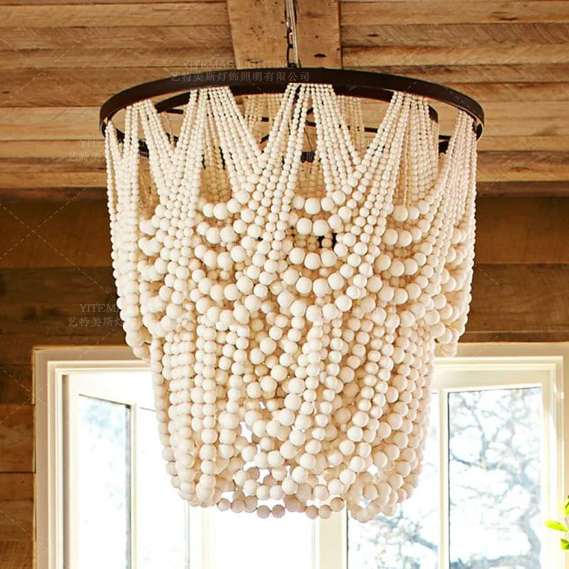 DecorBites™ Black Wood Beaded Pendant Chandelier - Antique Nordic Lighting for Foyer, Dining, Bedroom