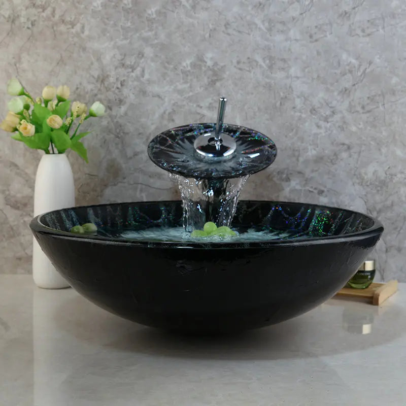 DecorBites™ Black Round Basin Tap Set Mixer Faucet Washbasin Tempered Glass Chrome