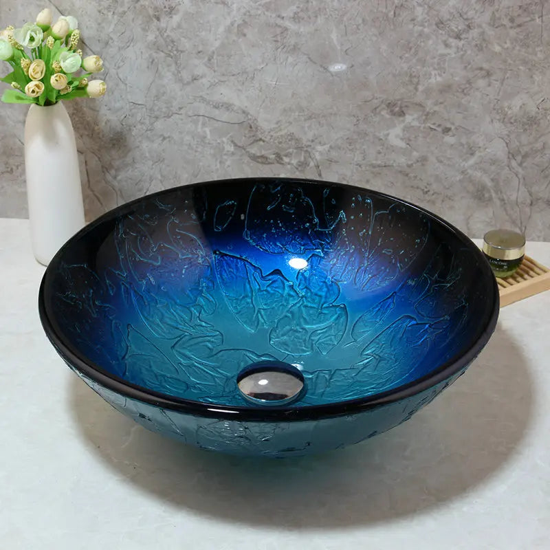 DecorBites™ Blue Tempered Glass Basin Sink Set with Faucet for Bathroom Counter Top