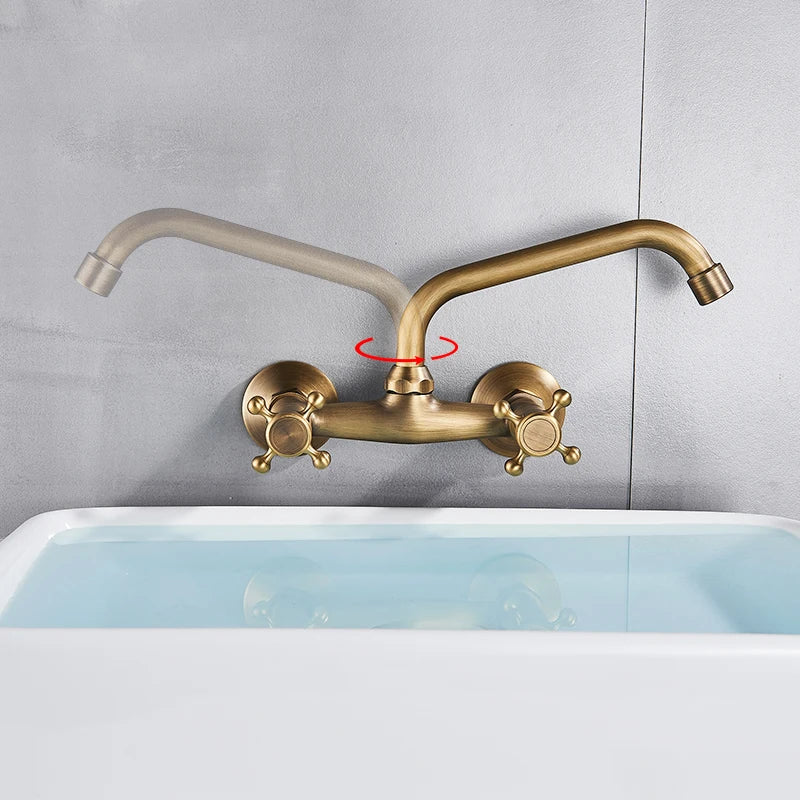 DecorBites™ Antique Brass Kitchen Faucet with Swivel Spout and Dual Handle Mixer