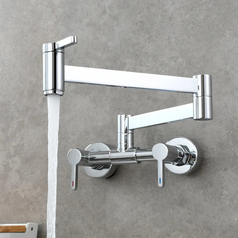 DecorBites™ Brushed Gold Brass Wall-Mounted Kitchen Faucet with Foldable Spout