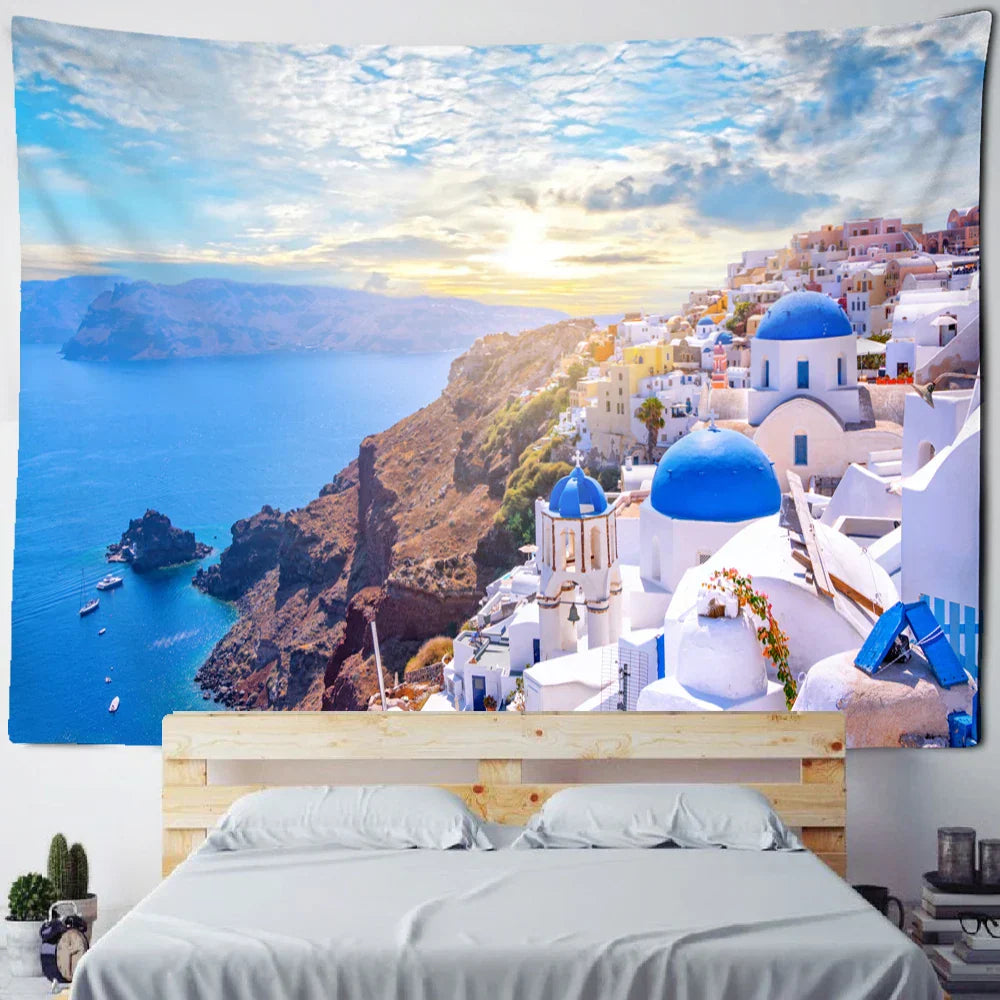 DecorBites™ Castle Village Sunset Tapestry Wall Hanging - Fantasy City Landscape Wall Art