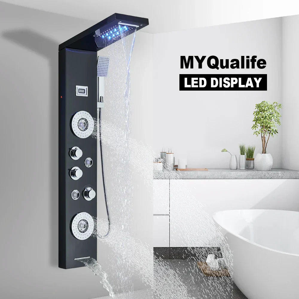 DecorBites™ Black LED Waterfall Rain Shower Panel Faucet Set with Massage Jets