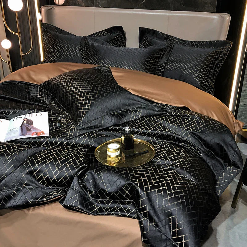 DecorBites™ Black Gold Jacquard Egyptian Cotton Bedding Set - 4Pcs