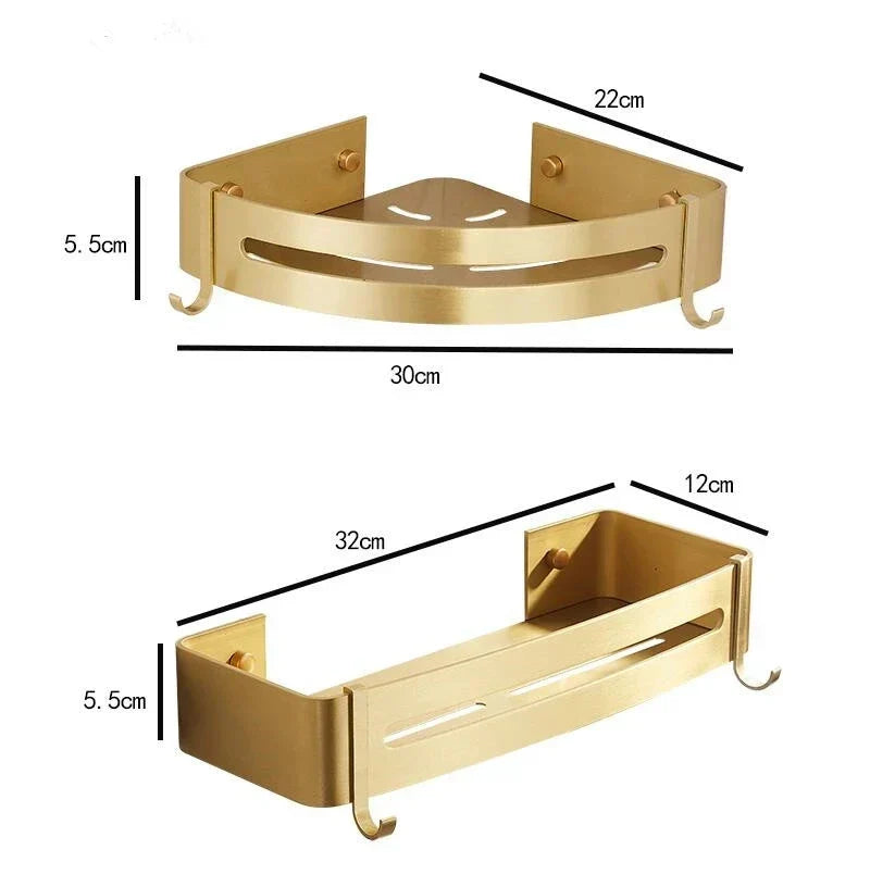 DecorBites™ Aluminum Shower Shelf Brushed Gold Wall Mounted Bathroom Corner Shelf