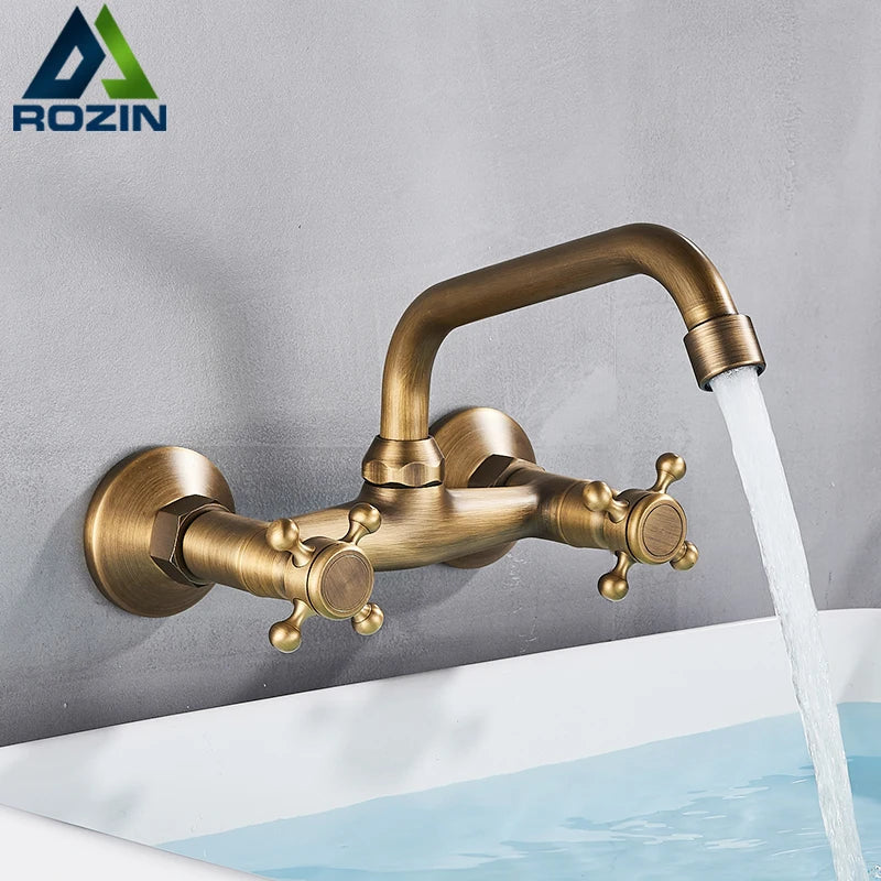 DecorBites™ Antique Brass Kitchen Faucet with Swivel Spout and Dual Handle Mixer