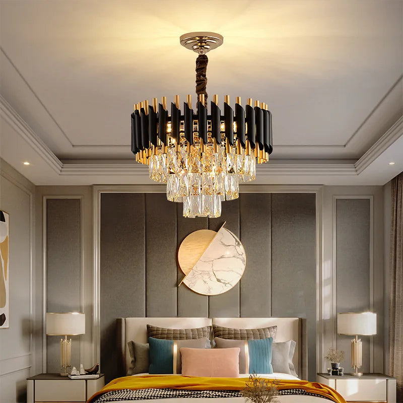 DecorBites™ Black Gold Metal LED Chandelier Living Room Dining Modern Lustre Crystal Hanging Lamp