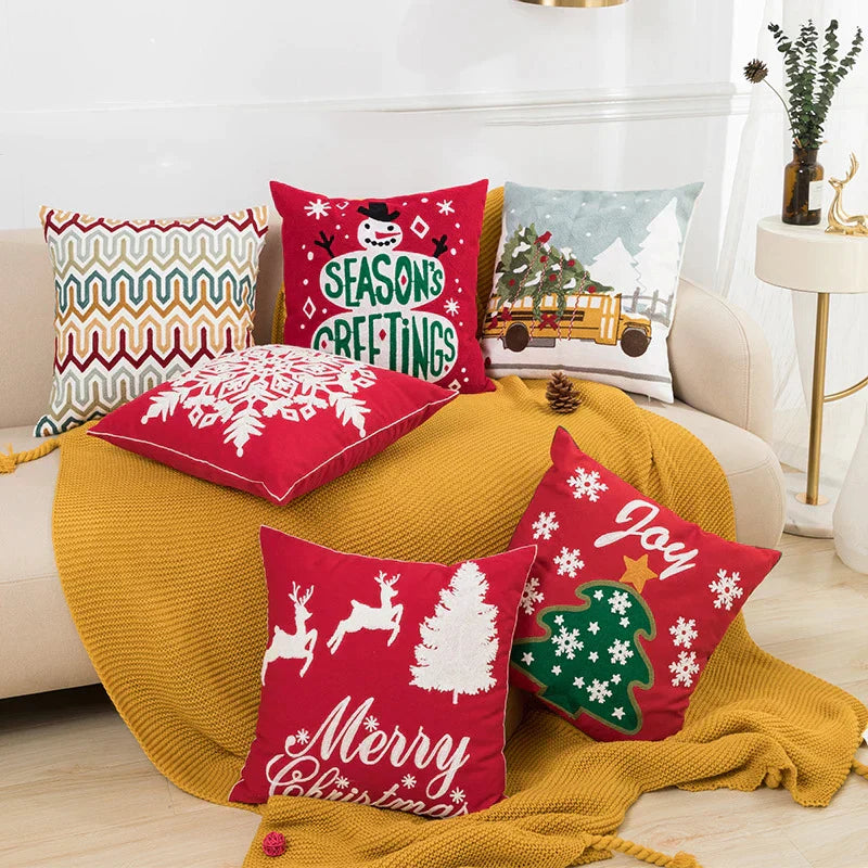 DecorBites™ Christmas Embroidered Cushion Cover 45x45cm - Red Green Santa Snowflake Deer Snowman