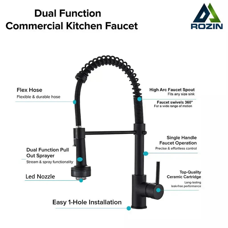DecorBites™ Black LED Kitchen Faucet Pull Down Mixer Tap 360° Rotation Stream Sprayer