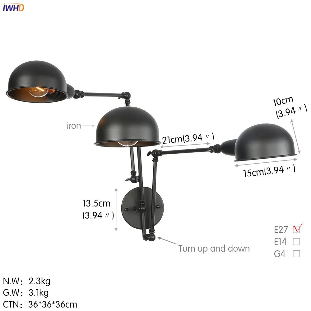 DecorBites™ Loft Antique Edison 3-Head Black Wall Sconce Swing Arm Light