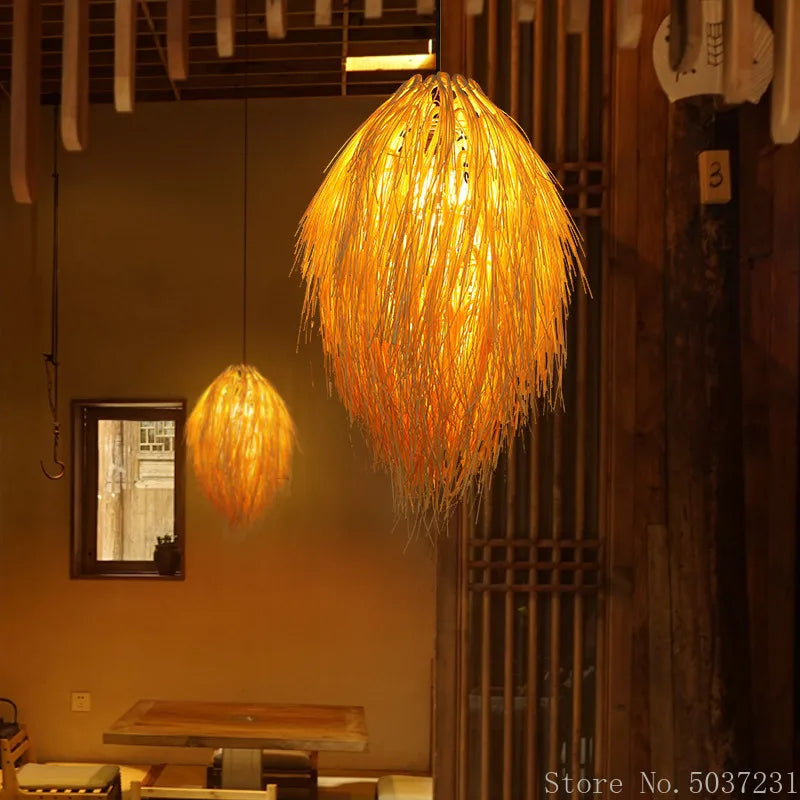 DecorBites™ Bamboo Weave Pendant Lamp, Creative Rattan Hanging Light Fixture for Bedroom & Teahouse