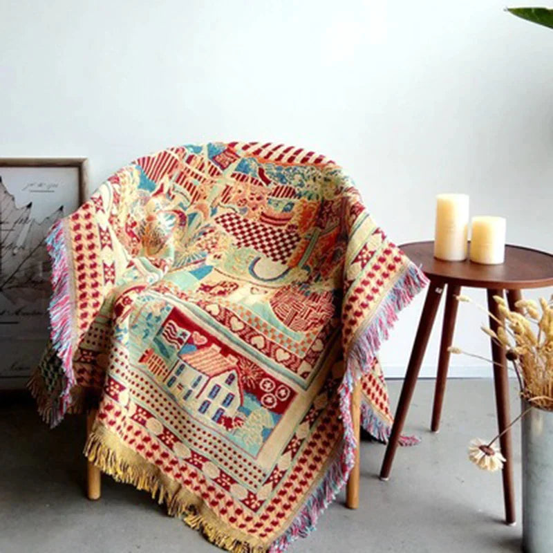 DecorBites™ Bohemian Knitted Sofa Cover with Tassels - Soft Double Sided Couch Blanket