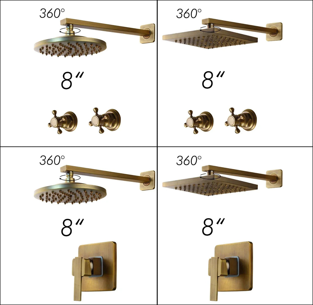 DecorBites™ Antique Brass Round Wall Mounted Rainfall Shower Faucet Set with 2 Handles