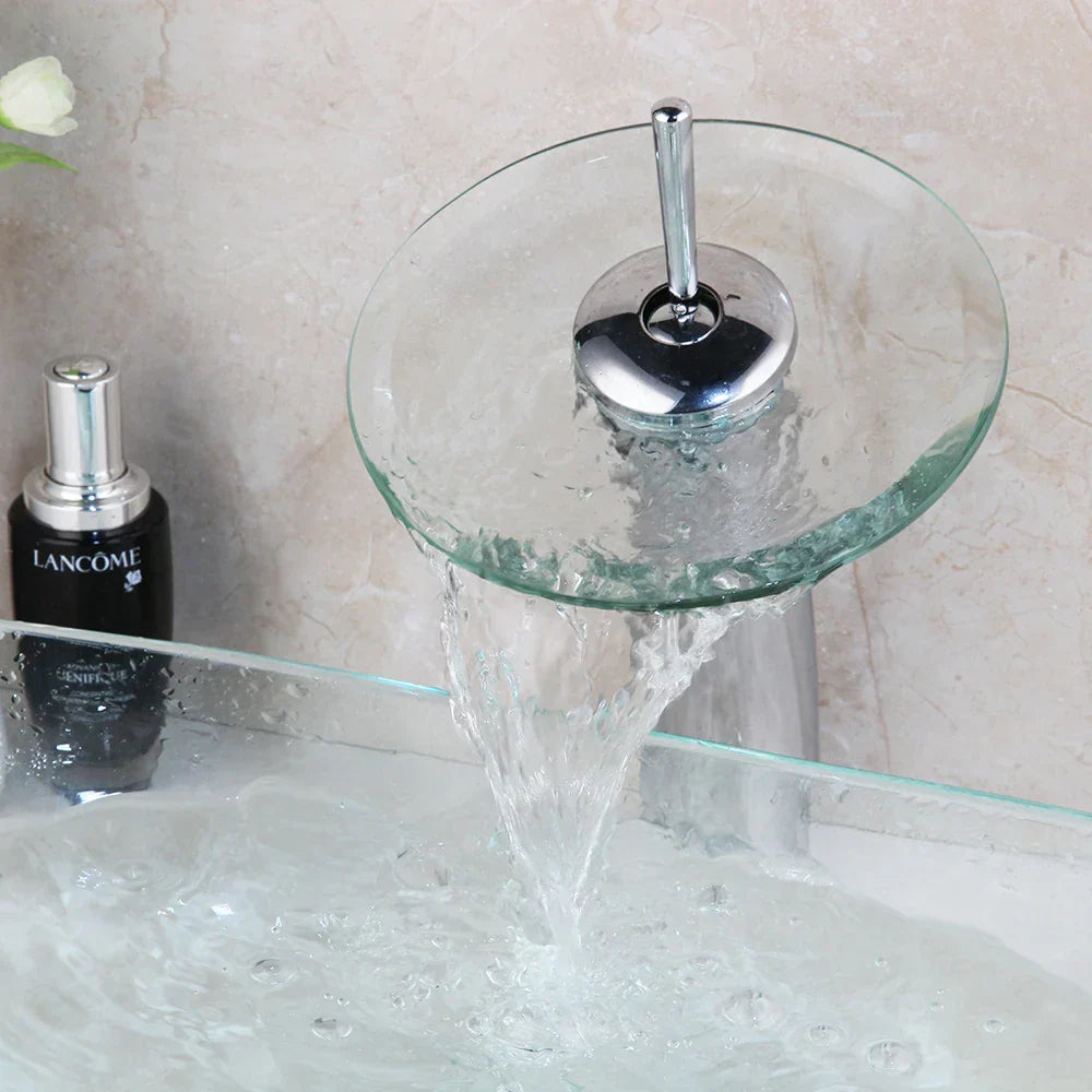 DecorBites™ Glass Waterfall Tap Hand-Painted Basin Mixer Faucet Chrome Lavatory Sink