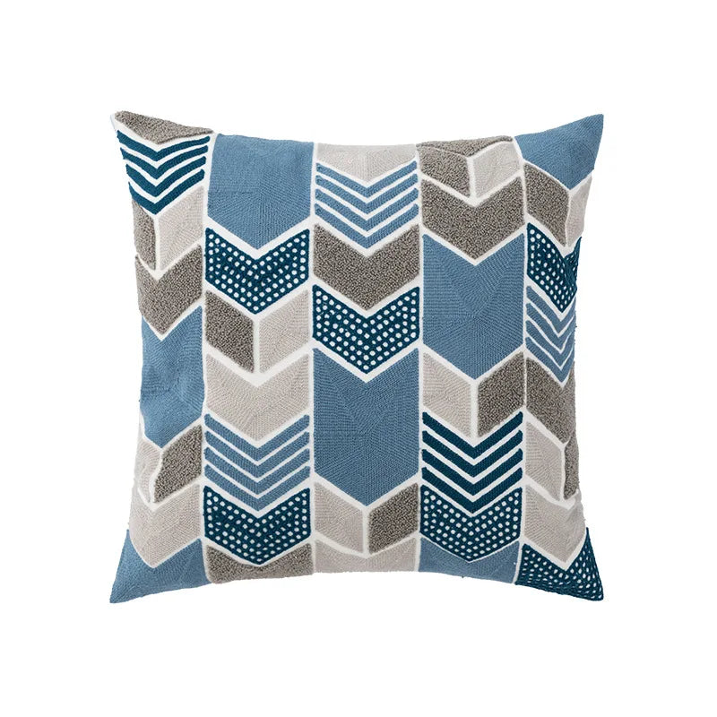 DecorBites™ Blue Floral Geometric Embroidery Cushion Cover 45x45cm for a Cozy Home