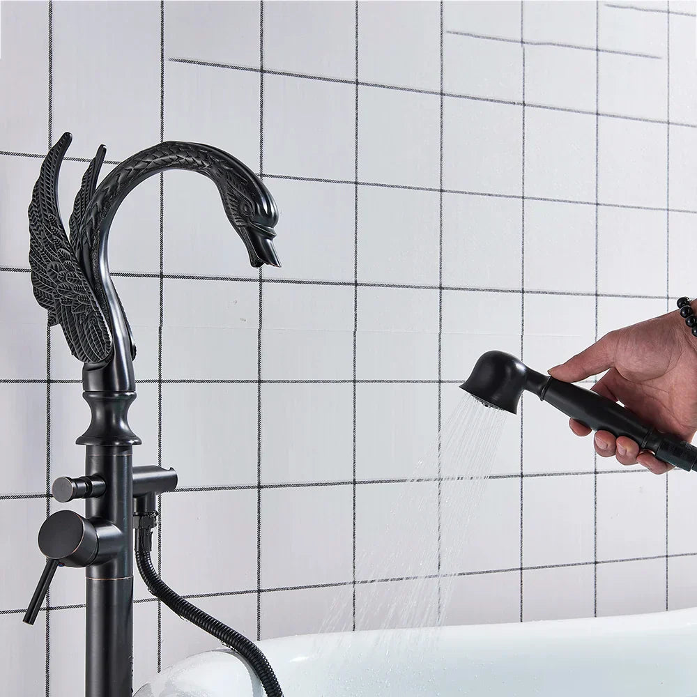 DecorBites™ Black Bathtub Faucet Hot Cold Water Mixer Taps Shower Set Floor Mounted