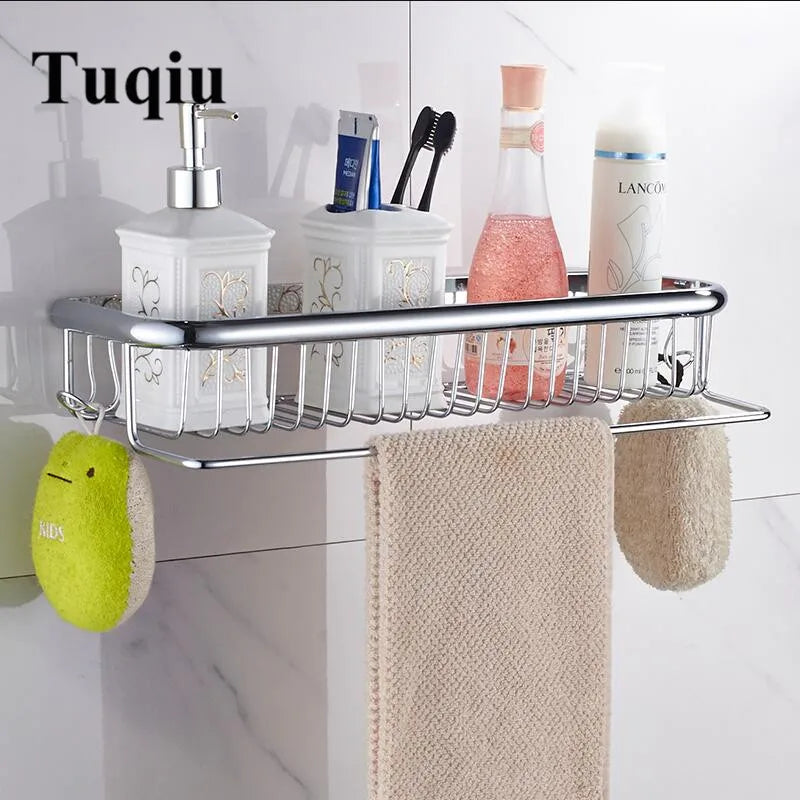 DecorBites™ Gold Brass Bathroom Shelf with Towel Hanger, Shampoo Holder, and Basket