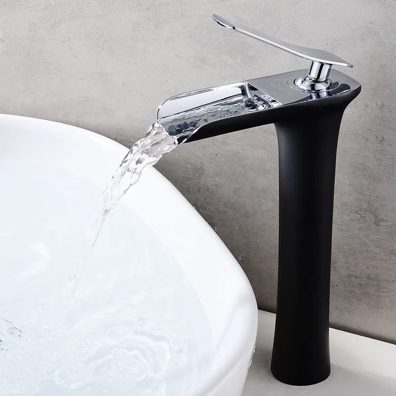 DecorBites™ Gold Waterfall Bathroom Basin Faucet, White Mixer Tap Hot Cold Sink Plugin