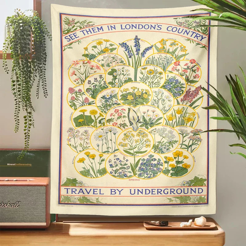 DecorBites™ Botanical Wildflower Tapestry Wall Hanging Floral Print Identification Chart Wall Art