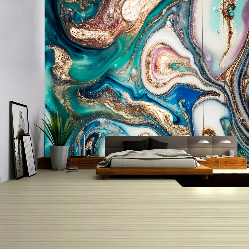 DecorBites™ Boho Marble Abstract Tapestry: Gold Foil Colorful Wall Hanging Art