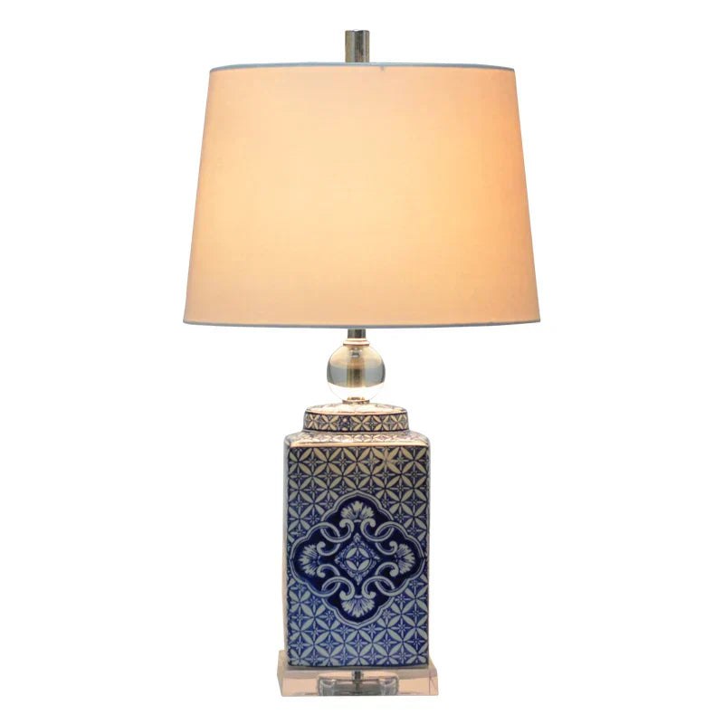 DecorBites™ Blue White Porcelain Table Lamp Hat-Covered Jar Bedroom Living Room