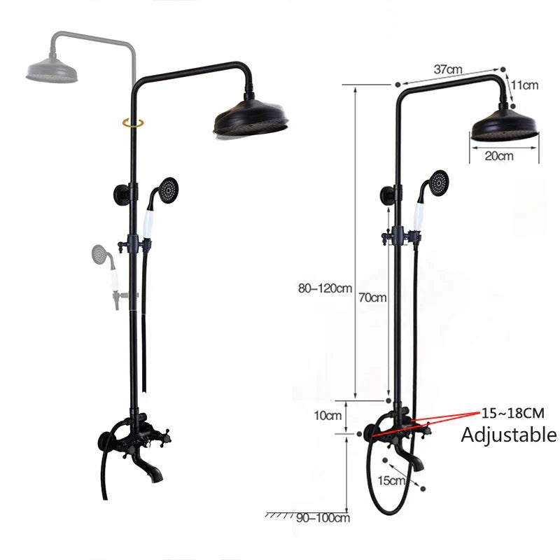 DecorBites™ Black Brass Rainfall Shower Mixer Faucet Set with 8" Showerhead and Handshower