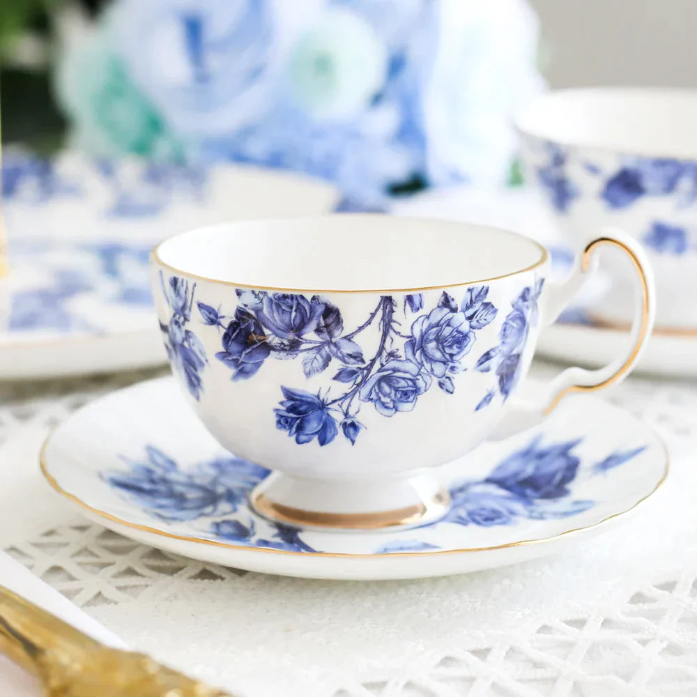 DecorBites™ Bone China Tea Cup Set, Flowers Teacup & Snack Dish for Office Drinkware