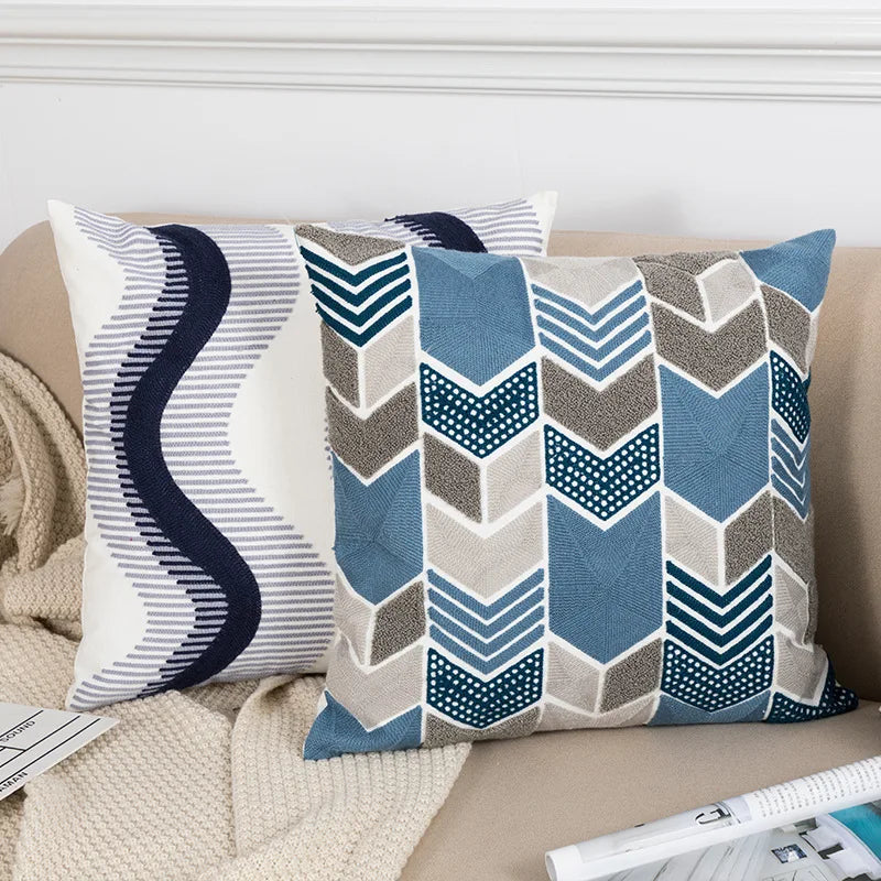 DecorBites™ Blue Floral Geometric Embroidery Cushion Cover 45x45cm for a Cozy Home