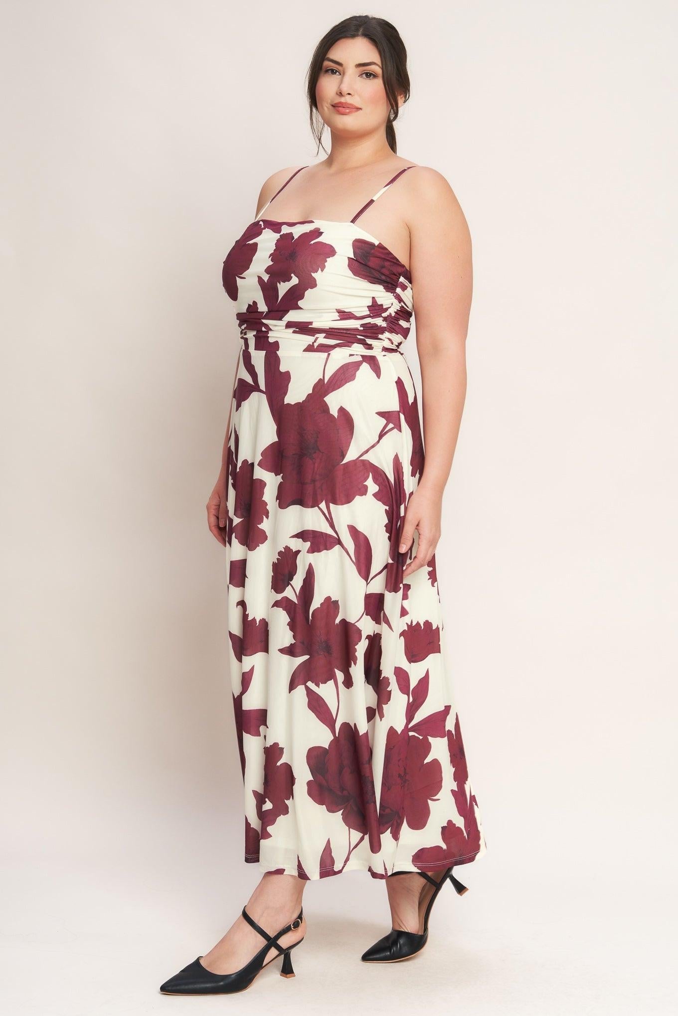 WINE BLOOM POWER MESH MIDI DRESS