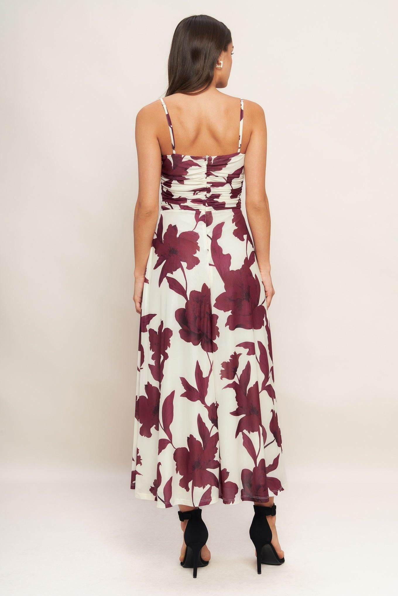 WINE BLOOM POWER MESH MIDI DRESS