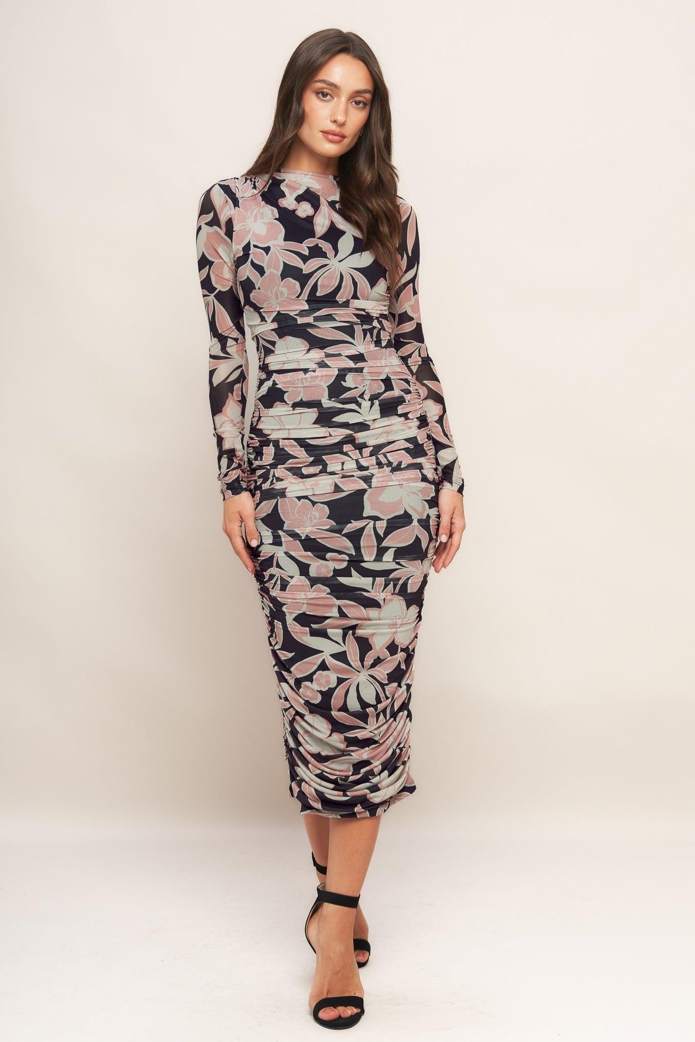 MUTED ROMANCE POWER MESH MIDI DRESS
