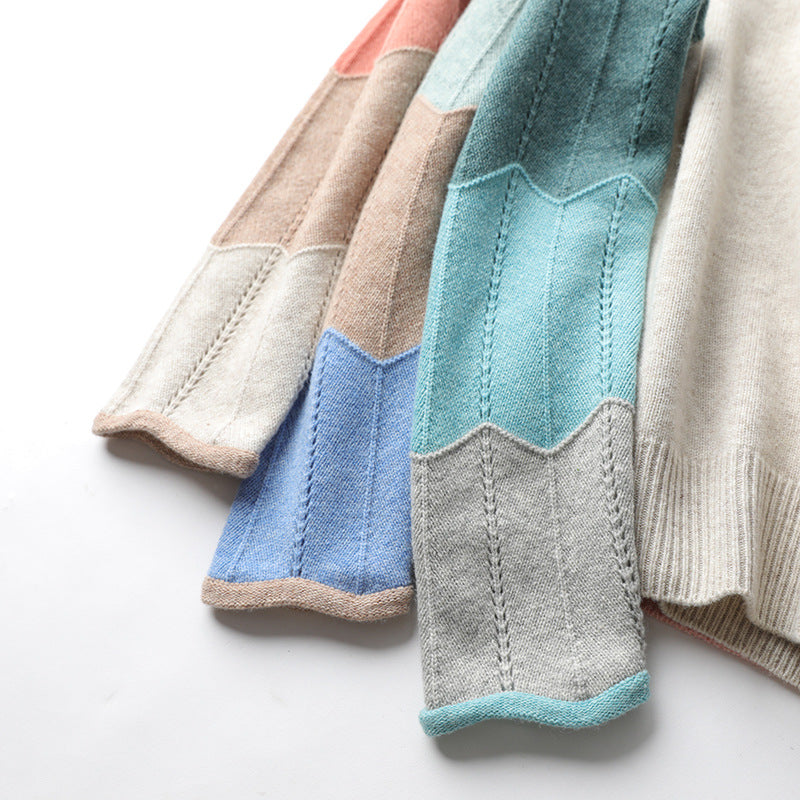 Contrast Color Woolen Sweater Women V-neck Pullover Patchwork Color Thermal Knitting Sweater Women