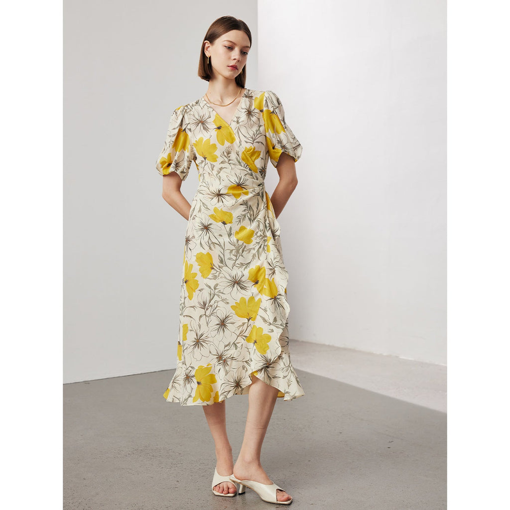 Women's Stomach Blanket-style Lace Printing Short-sleeved Silk Dress