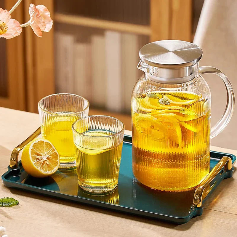 DecorBites™ Glass Cold Water Kettle Set: Transparent Stripe Design, Stainless Steel Lid, 1.6L Capacity