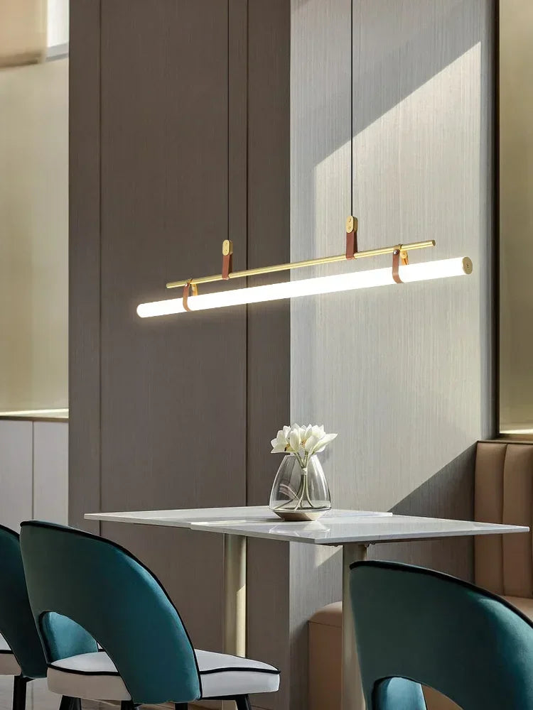 DecorBites™ Eden Modern Black Gold Leather Tube LED Pendant Chandelier