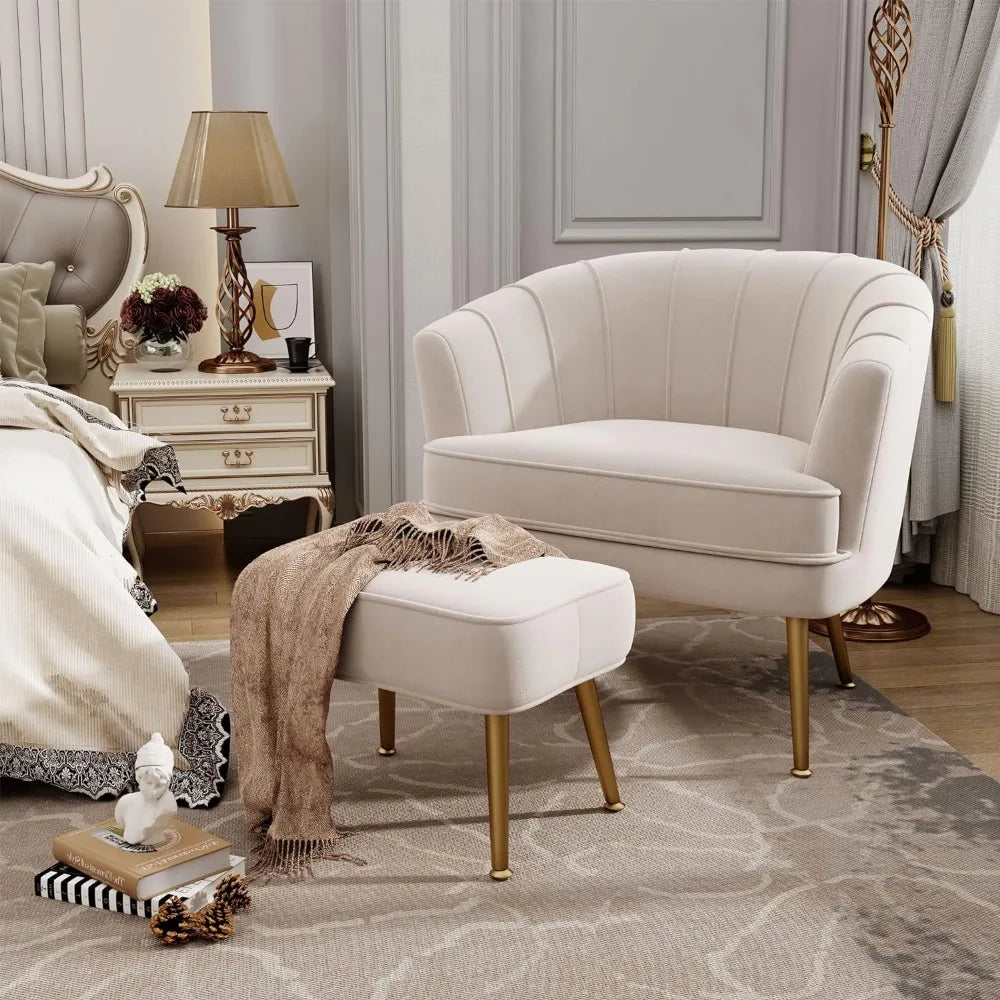DecorBites™ Comfortable Beige Bucket Shaped Club Living Room Armchair with Golden Metal Legs